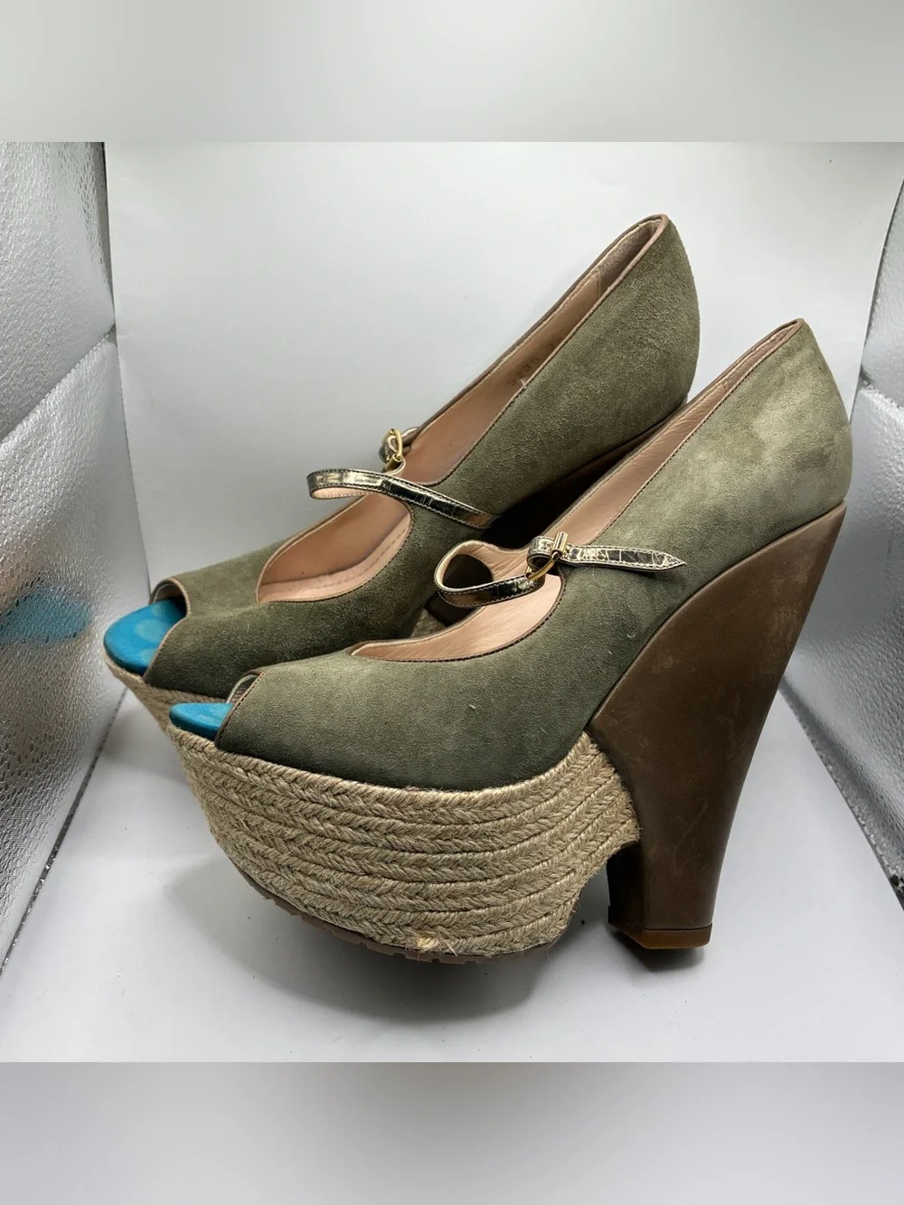 Baldan Italy Peep Toe Platform Mary Jane Heels Olive Suede EU 38 Women’s 8